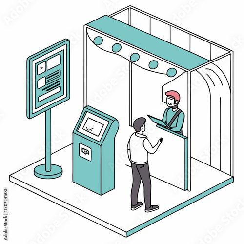 Isometric Illustration of Customer Service Interaction at a Modern Help Desk