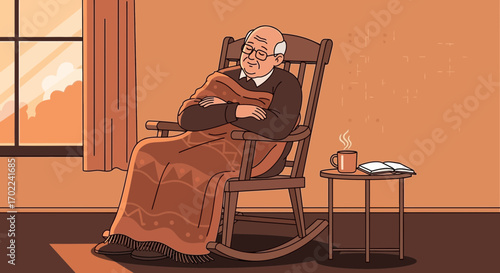 Comforting Illustration Of An Elderly Man Relaxing Peacefully In A Rocking Chair Indoors