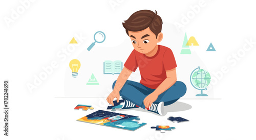 Concentrated Boy Solving Puzzle Represents Education, Thinking, and Perseverance Effortlessly