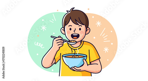 Cheerful Child Enjoying a Bowl of Soup, Depicting Food and Fun Moments of Happiness