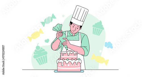 Confectioner Crafting Elaborate Cake Design, Sweet Decorating Process, Culinary Artistry