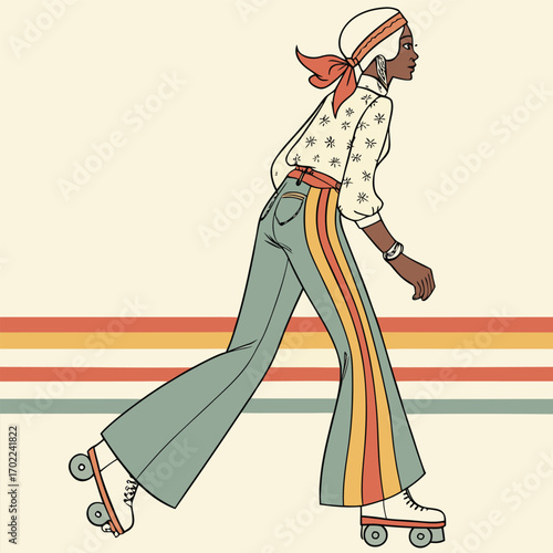 Retro 1970s fashion illustration featuring a stylish person in bell bottom pants capturing the vibrant and iconic style of the era with a classic artistic flair
