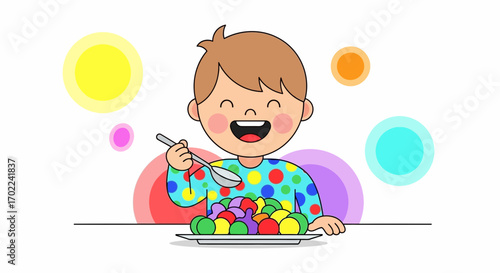 Cheerful Child Enjoying a Colorful Meal: Cartoon Illustration of Healthy Eating