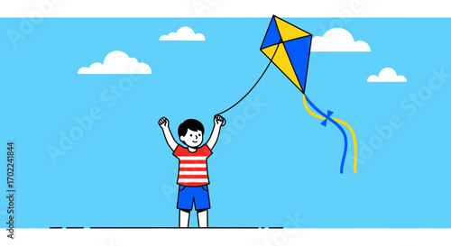 Cheerful Child Enjoying Kite Day In A Vibrant, Sunny Sky, Promoting Joy And Happiness