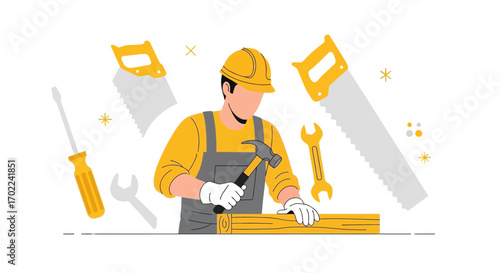Construction Worker Building With Tools: Carpenter in a Yellow Outfit, Vector Illustration