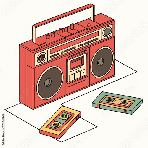 Retro 1980s boombox with cassette tapes featuring bold typography and a vibrant color palette perfect for vintage music and pop culture designs