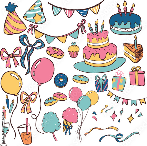Hand Drawn Birthday Party doodle flat set	