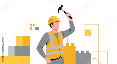 Construction Worker Raising Hammer Ready To Build With Safety Equipment On Scene