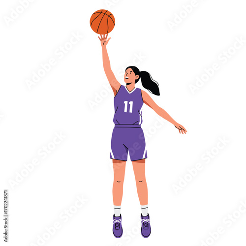  a tall girl in a purple basketball jersey, jumping high to shoot a ball towards an unseen hoop