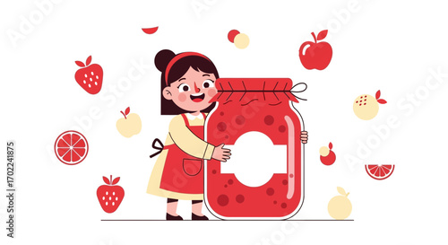 Cheerful Child Holding Jar Of Jam With Assorted Fruits Ready To Be Preserved