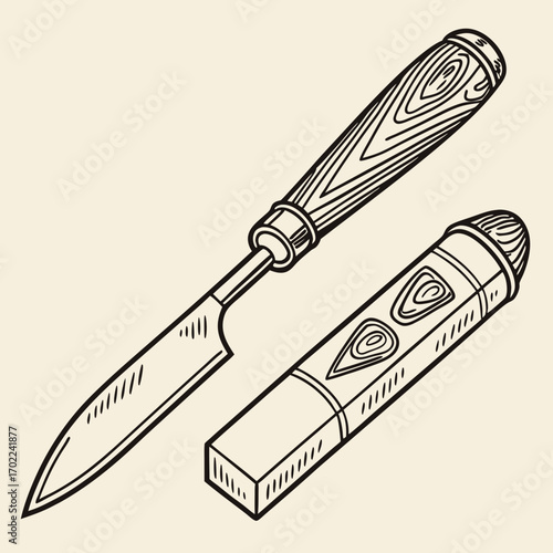 Line Art Illustration of a Wood Carving Tool with Wooden Handle and Case