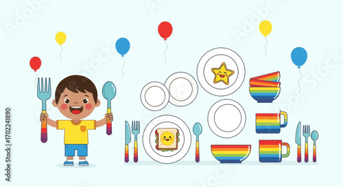Cheerful Child Holding Utensils Ready To Enjoy a Colorful Mealtime Fun with Balloons