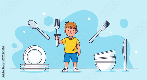 Cheerful Child Holding Utensil Surrounded by Cutlery and Dishware in Vector Illustration