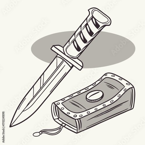 Line Drawing of a Knife and a Small Rectangular Case