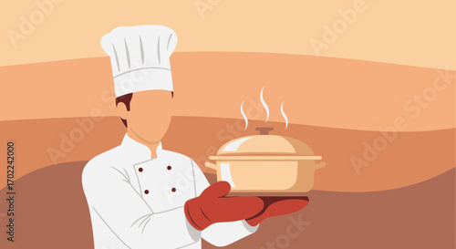 Cook Holding Hot Pot Illustrative Cooking Food Art Graphic Concept Design