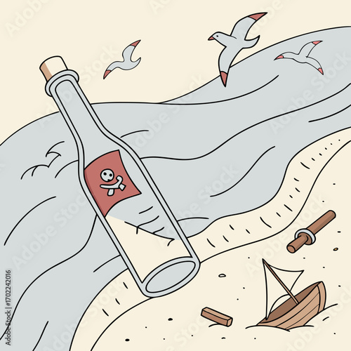 Message in a Bottle on Sandy Beach with Gulls