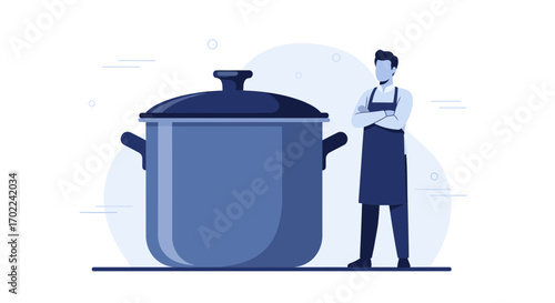 Cook Posing Beside Large Cookpot Illustration, Ready to Prepare Food With a Uniform