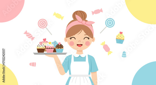 Cheerful Confectioner Presenting Delightful Cupcakes and Sweet Treats in a Vibrant Illustration