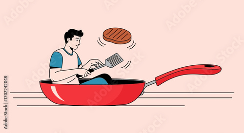 Cooking Enthusiasm: Man Preparing Steak In Oversized Frying Pan, Artistic Illustration