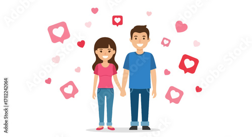 Cheerful Couple Holding Hands Surrounded By Love Bubbles, Expressing Affection