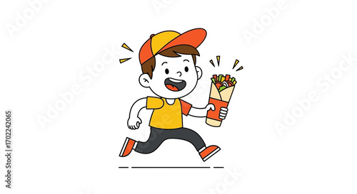 Cheerful Courier Delivers Delicious Food Offering, Energetic Delivery Person Running Fast