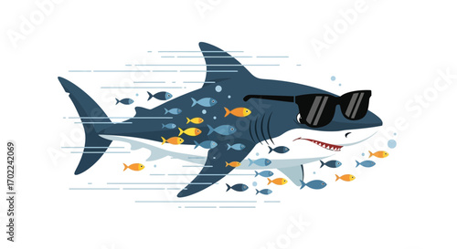 Cool Shark with Sunglasses, Swimming Amongst Fish, Vector Illustration Concept