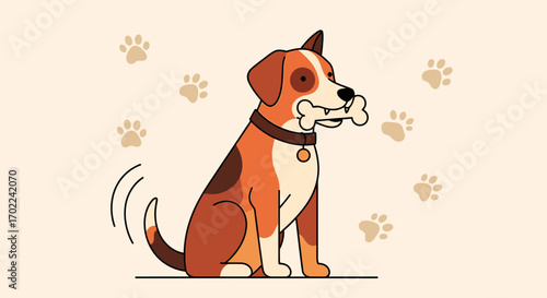 Cheerful Dog with Bone and Paw Prints, Smiling, Happy, Pet Vector Illustration Design