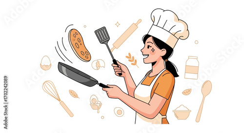 Cheerful Cook Prepares Pancakes in Kitchen, Illustration of Breakfast Preparation Process