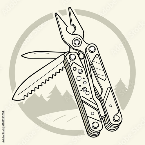 Multitool Illustration with Mountain Background