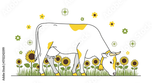 Cheerful Farm Animal in a Sunflower Field, Pastoral Scene, Nature Illustration