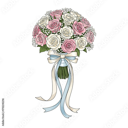 An elegant illustration of a wedding bouquet with pink and white roses, tied with a large blue and cream ribbon.