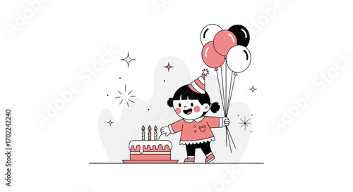 Cheerful Girl Celebrating Birthday With Balloons And Cake In A Simple, Bright Illustration