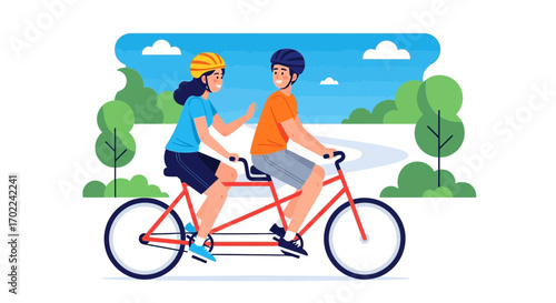 Couple enjoying a tandem bicycle ride in a park on a sunny day