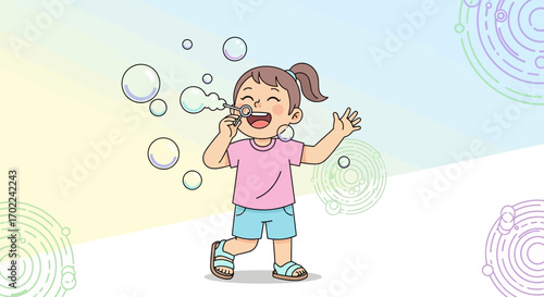Cheerful Girl Blowing Bubbles On A Joyful Day In Bright And Airy Ambiance