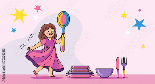 Cheerful Girl Playing With a Spoon Near a Table Setting With Plates and Cutlery