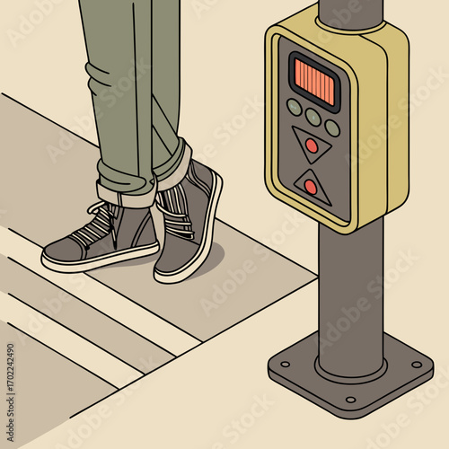 Person Waiting at Crosswalk with Isometric Illustration