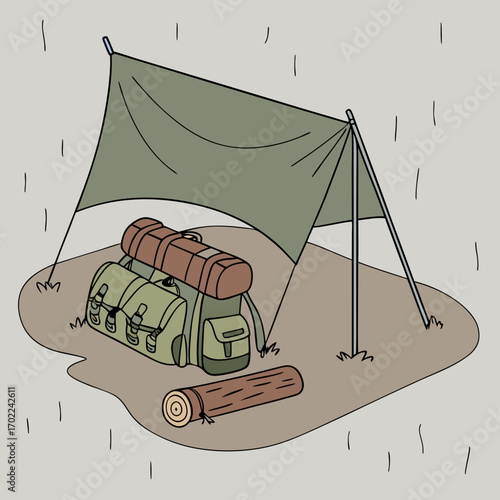 Rainy Day Camping Shelter: Green Tarpaulin, Backpack, and Log