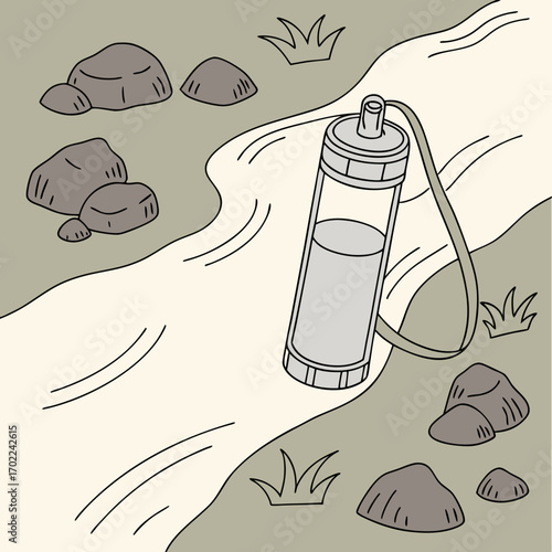 Portable Water Filter by a Stream:  Grey and Beige Line Drawing