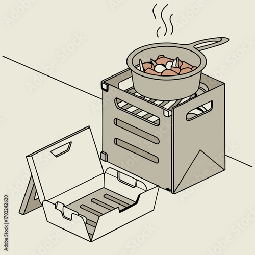 Portable Wood Burning Stove with Cooking Pot Illustration