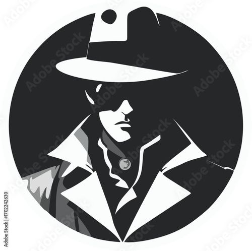 Monochrome Noir Detective in Fedora and Trench Coat – Secret Agent Circle Logo