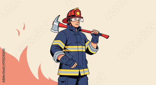 Courageous Firefighter Holding An Axe, Ready To Fight Fires And Save Lives
