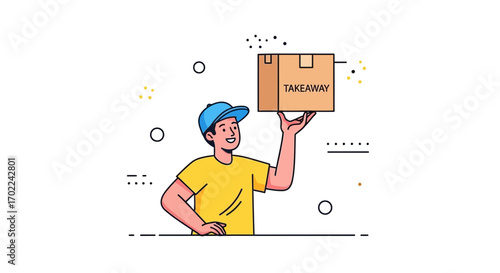 Courier Offering Takeaway Box, Illustration Depicting Fast Food Delivery Service Concept