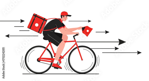 Courier Quickly Delivering Package on Red Bicycle, Fast Delivery Service in Trendy Style