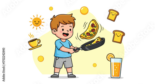 Cheerful Kid Flipping Pizza Meal In A Pan With Cheerful Food And Refreshing Drinks