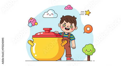 Cheerful Kid Excited About Big Pot, With Other Colorful, Cute, And Creative Elements