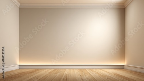 Neutral Room Interior with Wooden Floor, White Walls, and Baseboard Lighting for Minimalist Design