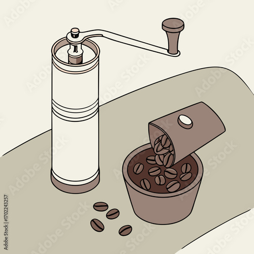 Vintage Coffee Grinder with Beans Illustration