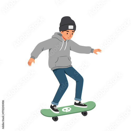 a boy wearing a beanie hat, a grey hoodie, and jeans, balancing on a green skateboard with a cute skull graphic
