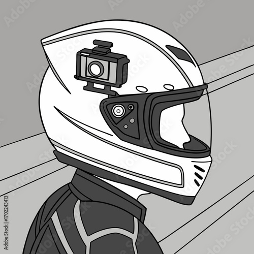 White Motorcycle Helmet with Mounted Action Camera Illustration