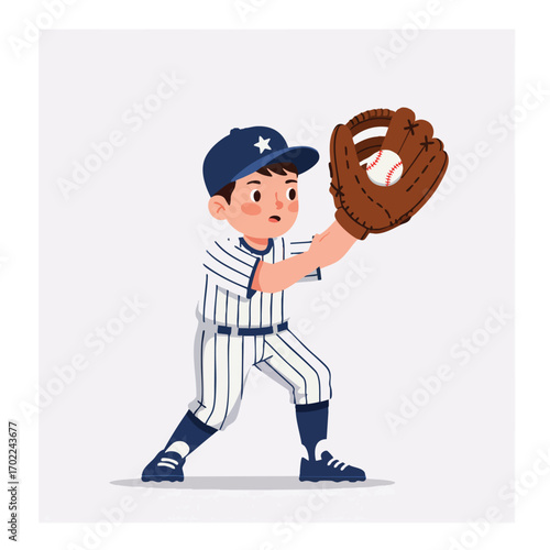 a child wearing a striped baseball uniform, a cap, and a large leather glove, in a ready position to catch a flying ball